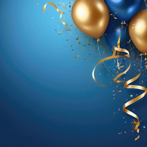 gold and blue balloons with streamers and confetti on a blue background,