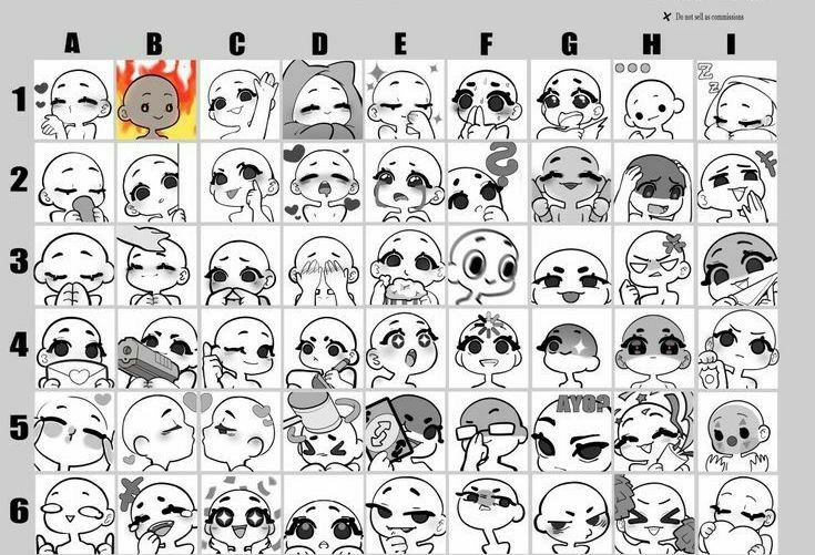 an image of cartoon faces with different expressions and numbers on them, all in black and white