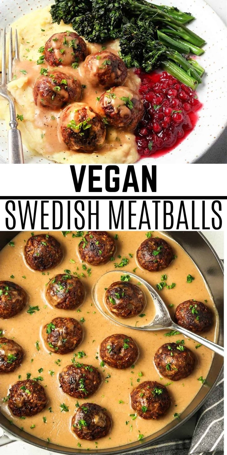 vegan swedish meatballs with gravy and broccoli on the side