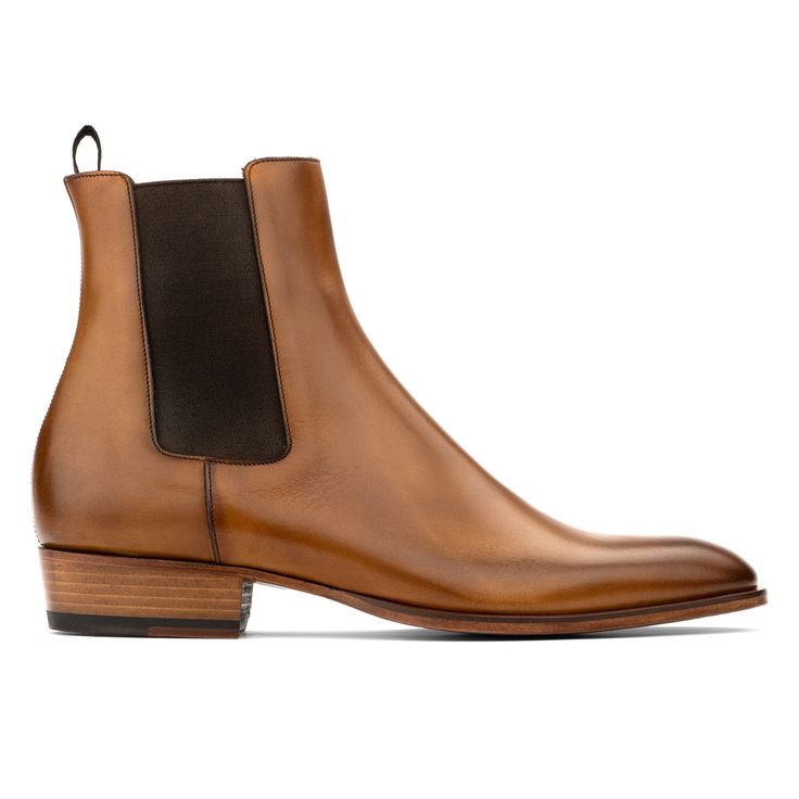 Myles Tan Burnish - To Boot New York Classic Formal Heeled Boots For Fall, Classic Formal Cap Toe Chelsea Boots, Elegant Cognac Boots With Almond Toe, Fitted Snip Toe Chelsea Boots For Business, Classic Fitted Chelsea Boots With Almond Toe, Designer Business Chelsea Boots For Fall, Elegant Cognac Heeled Boots With Leather Lining, Brown Luxury Chelsea Boots For Business, Luxury Brown Chelsea Boots For Business