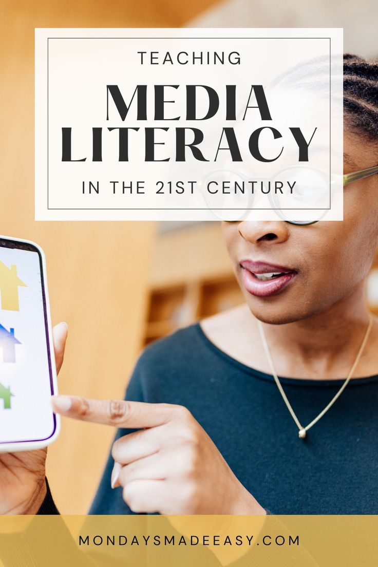 a woman holding up a cell phone with the text teaching media literacy in the 21st century