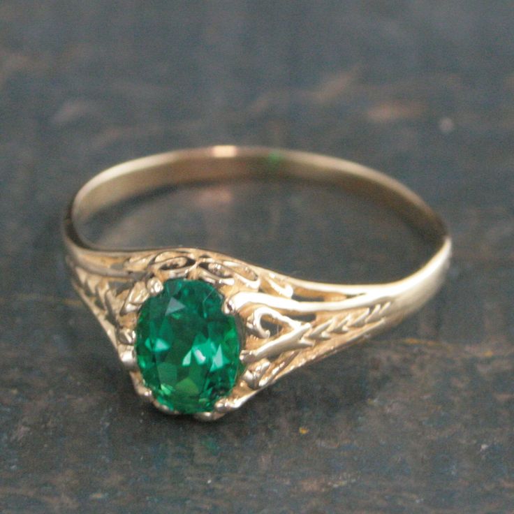 Oval Emerald Ring Filigree 14K Yellow Gold Ring 6 Prong Vintage Style Setting Antique Style Ring May Birthstone Ring Aurora Green Stone Ring - Etsy Victorian 14k Gold Diamond Cut Rings, Classic Emerald Promise Ring With Birthstone, Classic Emerald Solitaire Rings, May Birthstone Diamond Cut Rings, Formal Rings With May Birthstone In Round Band, Classic Cluster Ring With Birthstone In Round Cut, Classic Birthstone Cluster Ring With Round Cut, Antique Emerald Ring With Center Stone, Classic Cluster Birthstone Ring