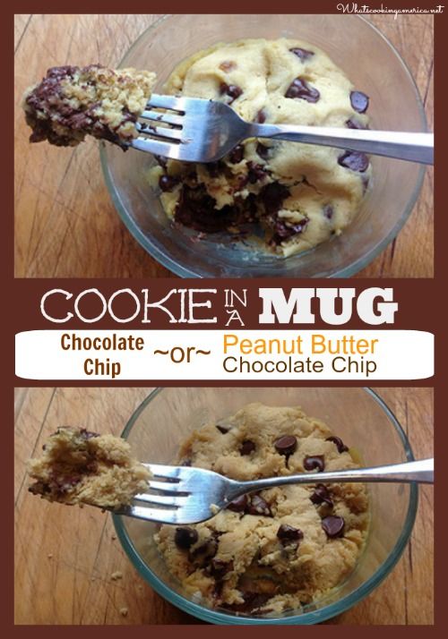 two pictures of cookie in mugs with spoon and fork