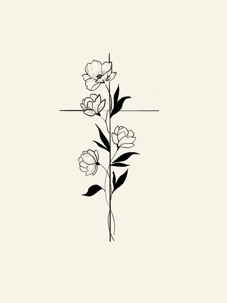 a black and white drawing of flowers on a light colored background with the cross in the middle