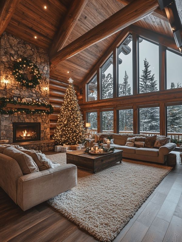 a living room filled with furniture and a christmas tree in the middle of the room