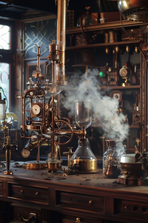 steam rises from the top of an old fashioned machine