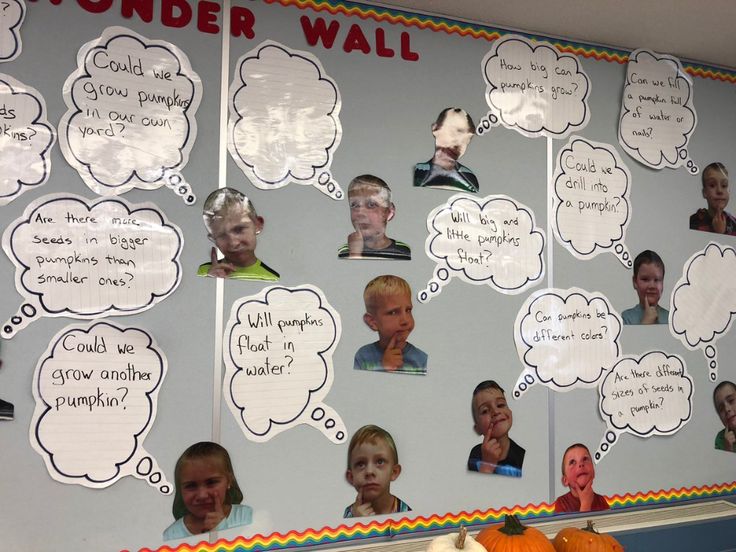 a bulletin board with many people's faces and thought bubbles on it, as well as pumpkins