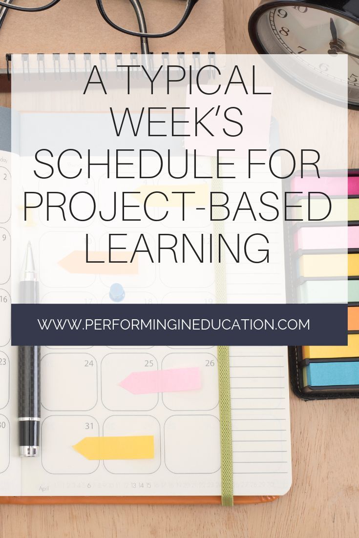 a desk with notebooks, pens and eye glasses on it that says atypical week's schedule for project - based learning