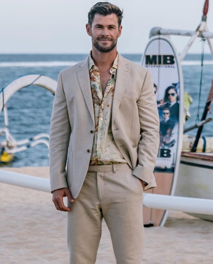 Mens Rehearsal Dinner Outfit Summer, Blazer Men Outfit, Shirt Styling, Formal Wedding Attire, Hawaiian Summer, Blazer Men, Suit Ideas, Formal Garden, Party Fits