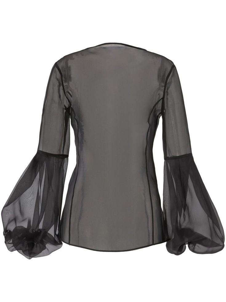 black silk sheer round neck long puff sleeves straight hem Elegant Puff Sleeve Top With Balloon Sleeves For Evening, Elegant Puff Sleeve Top For Evening, Elegant Balloon Sleeve Puff Top For Evening, Elegant Balloon Sleeve Top For Evening, Sheer Puff Sleeve Blouse For Fall, Silk Blouson Sleeve Evening Tops, Silk Top With Blouson Sleeves For Evening, Silk Tops With Blouson Sleeves For Evening, Elegant Tops With Elastic Sleeves For Night Out