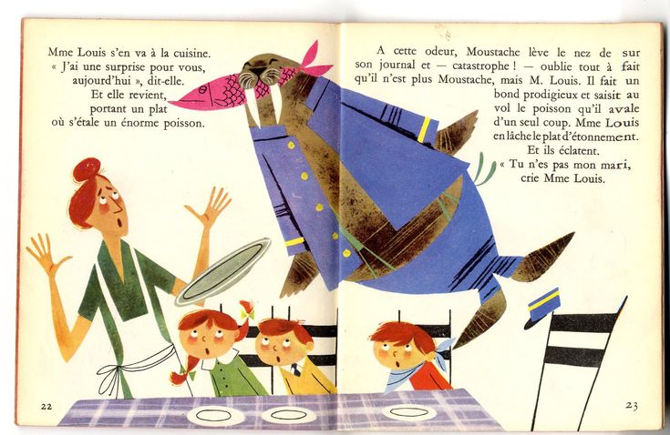 an open children's book with illustrations of people at a table