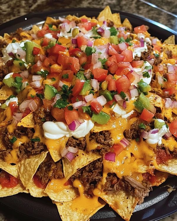 a black plate topped with nachos covered in cheese and toppings