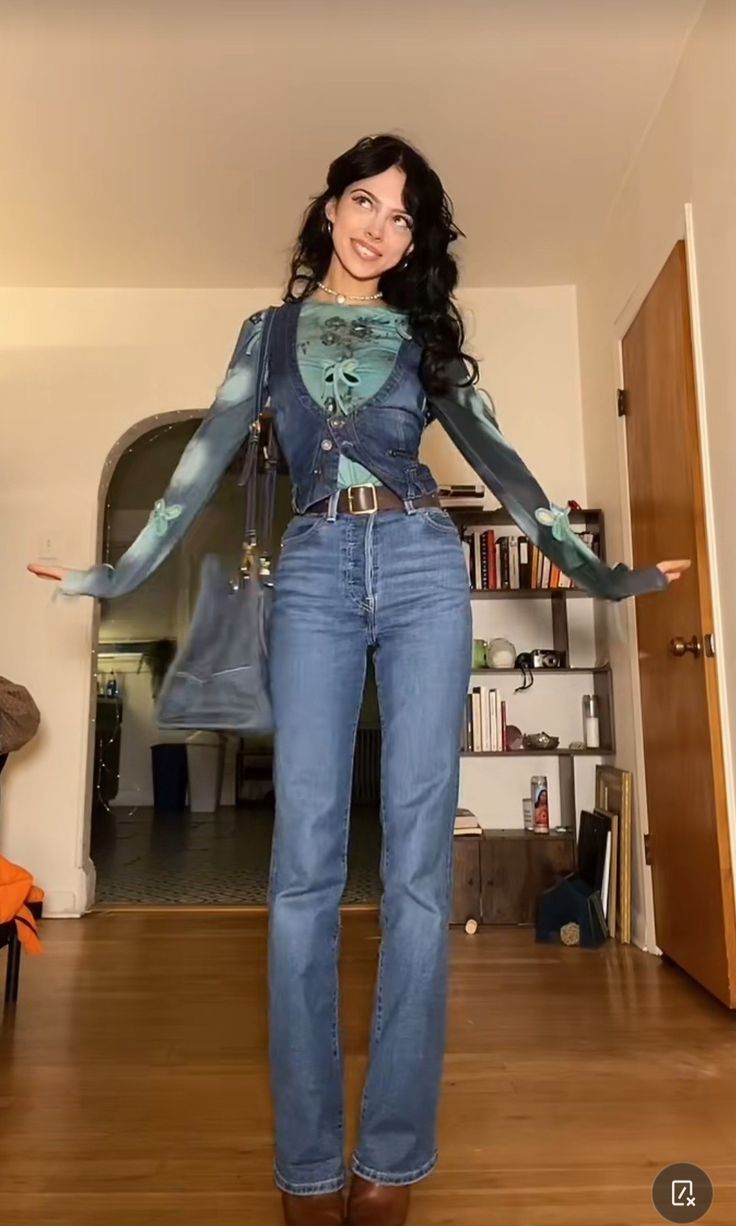 Satc Outfits Fall, Wide Leg Jeans Outfit Going Out, Bra And Shirt Outfit, Corset Outfit Casual Jeans, Medieval Inspired Outfits Modern, Jeans And Scarf Outfit, Tight Vest Outfit, Whimsigoth Jeans Outfit, Jean Vest Outfits Winter