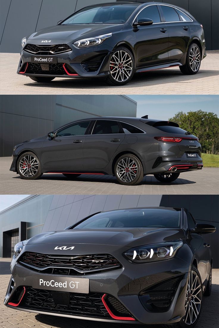 the front and side view of a black car with red rims, in three different views