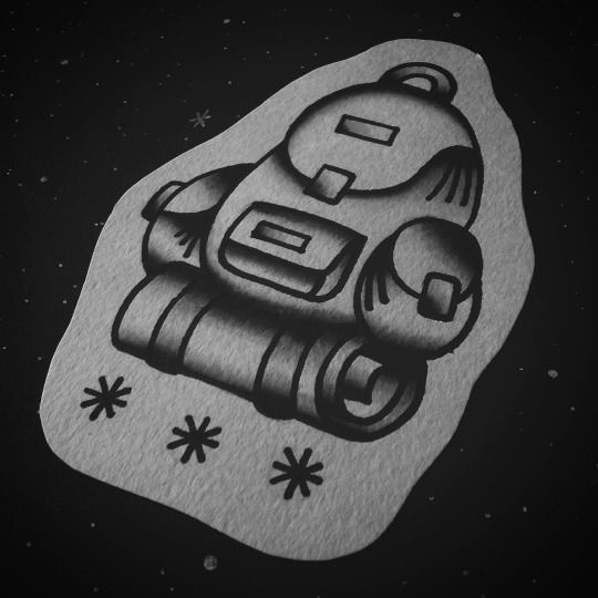 a black and white drawing of a spaceman on a rock with snowflakes