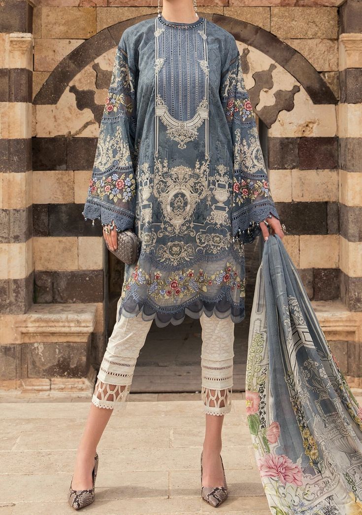 Maria B Embroidered Luxury Pakistani Lawn Dress. Eid Dresses With Intricate Embroidery, Festive Tunic Dress With Multicolor Embroidery, Elegant Cotton Dresses For Eid, Resham Embroidery Midi Dresses, Elegant Cotton Dress With Resham Embroidery, Multicolor Embroidered Long Sleeve Embellished Dress, Elegant Multicolor Embroidered Dress, Embellished Long Sleeve Dress With Multicolor Embroidery, Elegant Festive Dress With Multicolor Embroidery