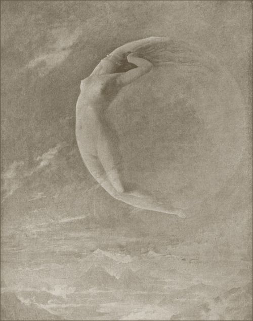 an artistic drawing of a woman floating in the air with her arms spread out and head down