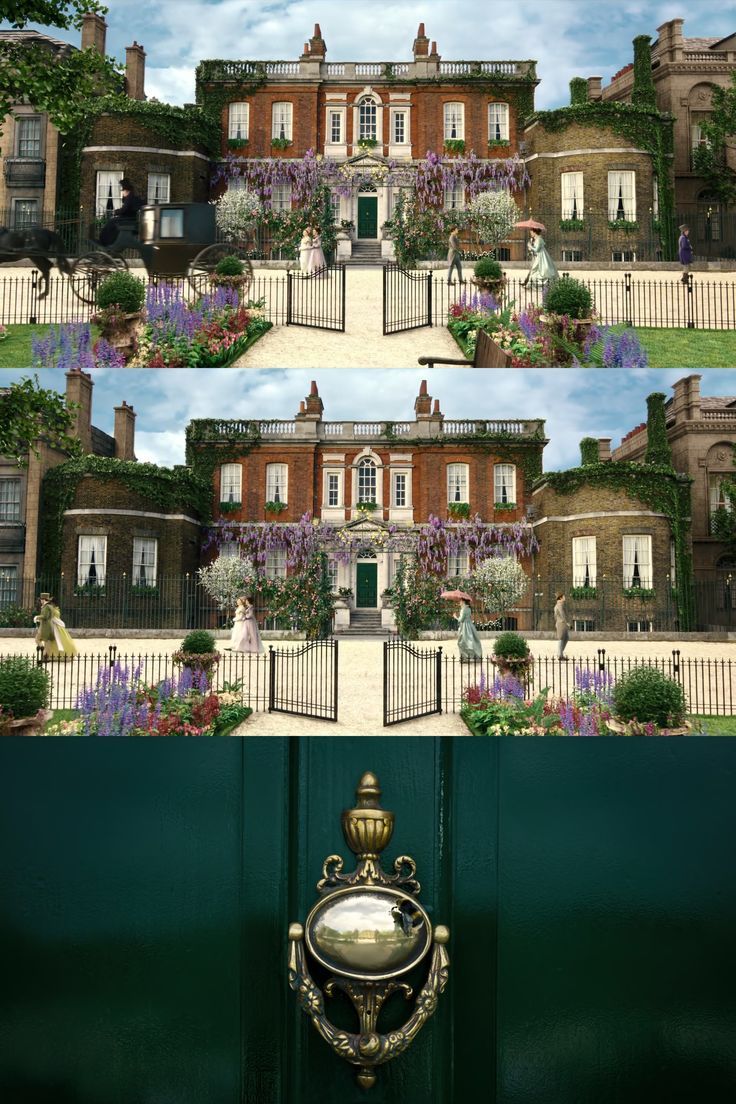 the front and back side of a house with flowers growing on it's windows