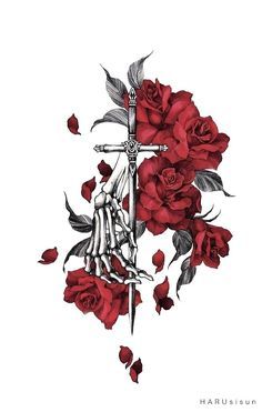 a cross and roses tattoo design on a white background