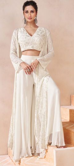 White and Off White color Salwar Kameez in Georgette fabric with Embroidered, Sequence work Sharara With Jacket, Suit With Shrug, Palazzo With Jacket, Indo Western Outfit, Western Suits, Palazzo Suit, Lehenga Style, Indo Western Dress, Cape Style