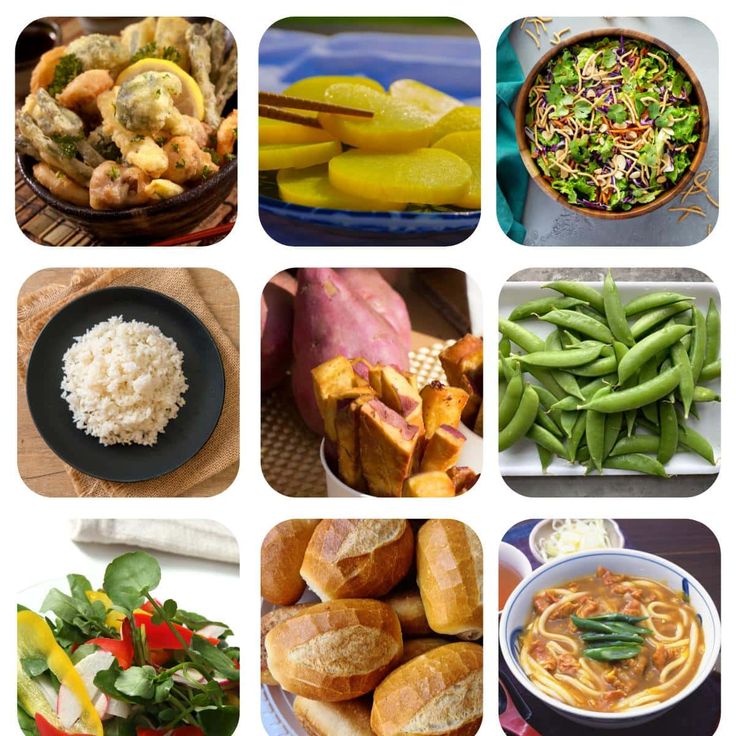 there are many pictures of different foods in the picture together, including rice and vegetables