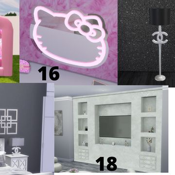 a collage of photos with hello kitty furniture and accessories in pink, gray, white and grey colors