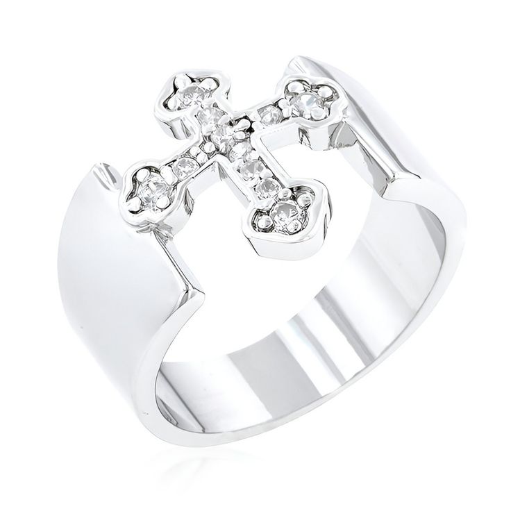 Introducing our Women's Silver Cross Band, a beautifully designed ring that symbolizes faith and elegance. This striking piece features a round cubic zirconia set in a prong setting, ensuring maximum brilliance and shine. The band, measuring 7.4 mm in width, is crafted from lead-free alloy brass and finished in a stunning silvertone, making it a versatile addition to any jewelry collection. Perfect for everyday wear or special occasions, this ring is a meaningful expression of style and belief. Beauty For Ashes, Wide Silver Band, Worship Flags, Ashes Jewelry, Cross Ring, Wide Band Rings, Silver Band Ring, Gold Cross, Brass Jewelry