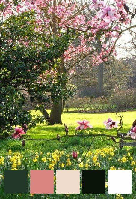 some pink flowers are in the grass and there is a tree with lots of leaves