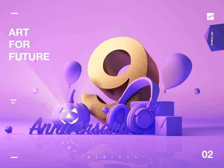 an advertisement for art for the future with purple and yellow shapes, balloons and letters