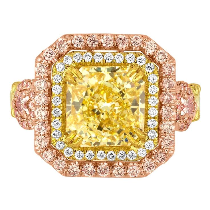 Absolutely Stunning, hand made, one of a kind Diamond Ring. The huge center stone is 4.02ct GIA certified Fancy Yellow Diamond. There are 0.75ct in Fancy Pink Diamonds Each side has 3 Fancy Yellow Radiant Cut Diamonds. There are 6 stones in total. 1.92ct. With small white diamonds 0.20ct. All set in 18k white, yellow, and rose gold. The ring is size 6, sizable one up or down. The ring weighs 11.0 grams. Pink Diamond Jewelry, Pink Diamonds Engagement, Fancy Diamond Ring, Pink Diamond Engagement Ring, Yellow Diamonds Engagement, Yellow Diamond Engagement Ring, Pink Diamond Ring, Yellow Diamonds, Pink Diamonds