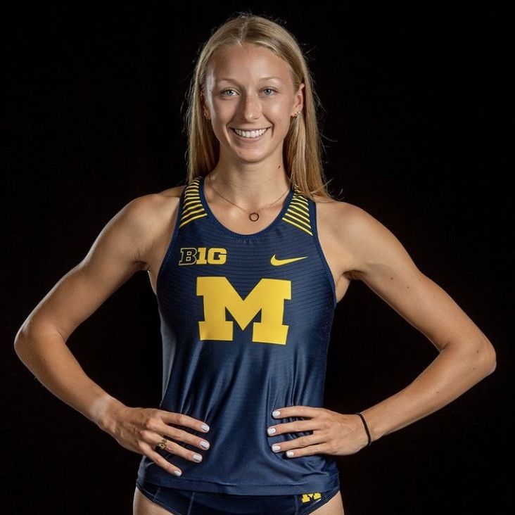 a female volleyball player posing for a photo with her hands on her hips while wearing a blue and yellow uniform