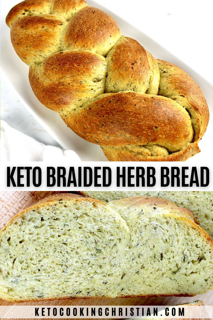 two pictures with bread on them and the words keto braided herb bread above it