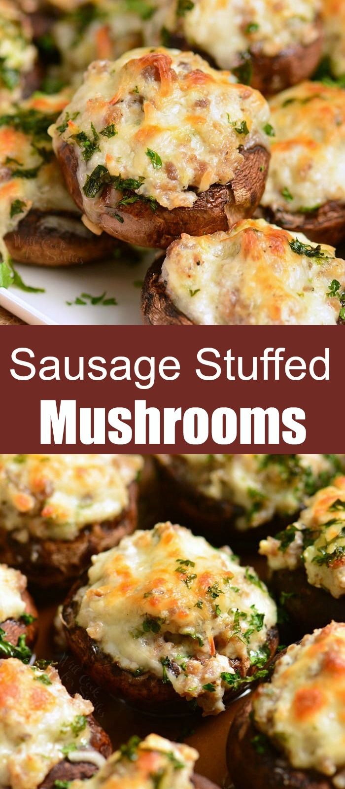 sausage stuffed mushrooms with cheese and herbs on top