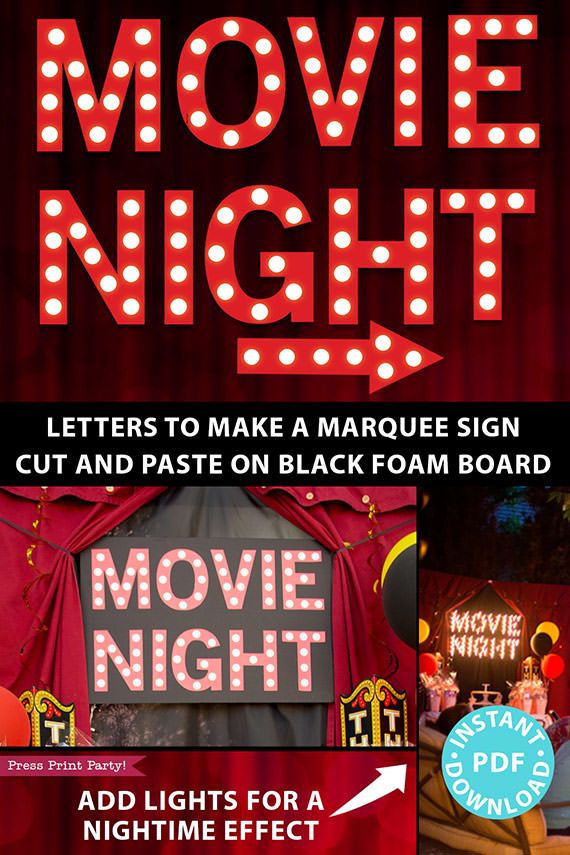 the movie night flyer is shown with red curtains and neon lights on it's sides