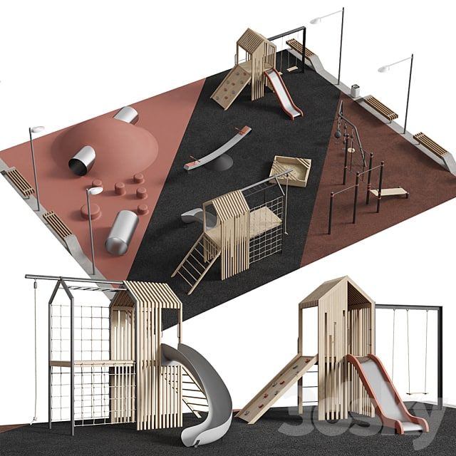 the playground is designed to look like it has been built with wood and metal parts