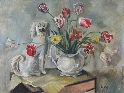 a painting of flowers in a white vase and dog figurines on top of a book