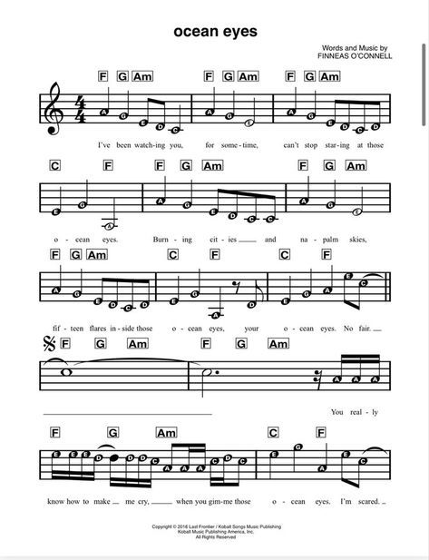 sheet music with the words ocean eyes on it