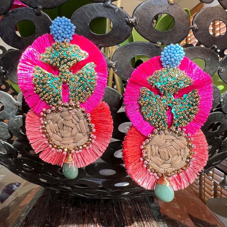 Mexican Handmade Tassel Palm Statement Earrings | Eliana Colores Decor Eliana Meaning, Elegant Multicolor Beaded Tassel Earrings, Beach Dangle Chandelier Earrings With Tassels, Bohemian Tassel Earrings With Fringe, Traditional Beaded Tassel Drop Earrings, Traditional Tassel Drop Beaded Earrings, Elegant Multicolor Latkans Tassel Earrings, Artisan Beaded Earrings With Tassels For Festival, Beaded Tassel Drop Earrings For Beach