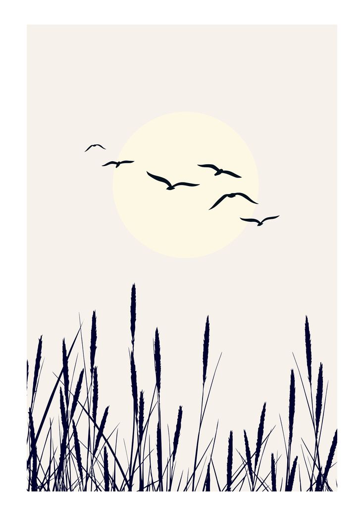 some birds flying in the sky over tall grass