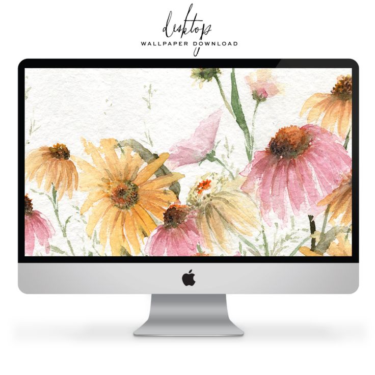 a computer screen with watercolor flowers painted on the front and side, along with an apple logo