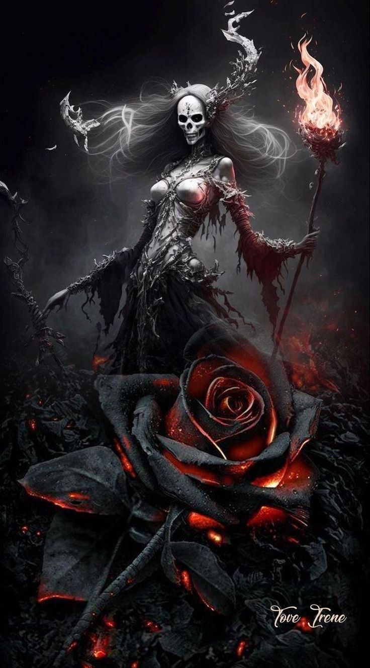 a skeleton woman holding a rose in her hand with flames coming out of the petals