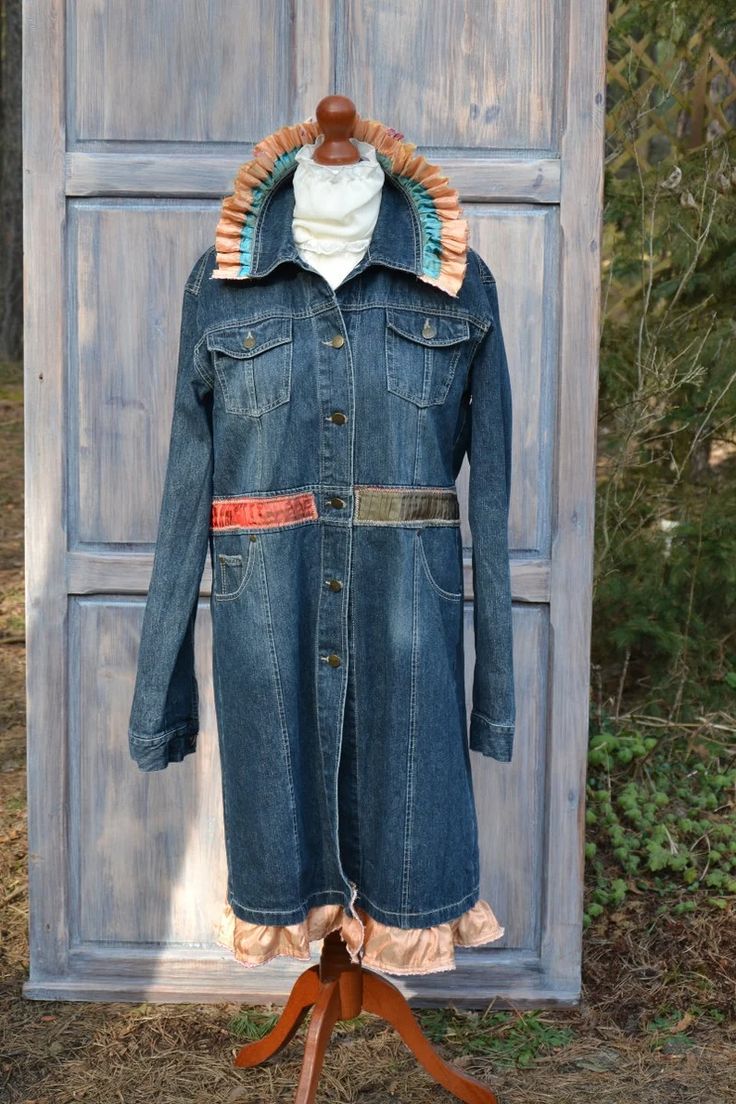 Denim Jacket With a Denim Coat | Etsy Lace And Beads, Jacket With Embroidery, Upcycled Denim Jacket, Boho Country, Denim Embroidery, Recycled Clothing, Denim Ideas, Womens Jackets, Upcycled Denim