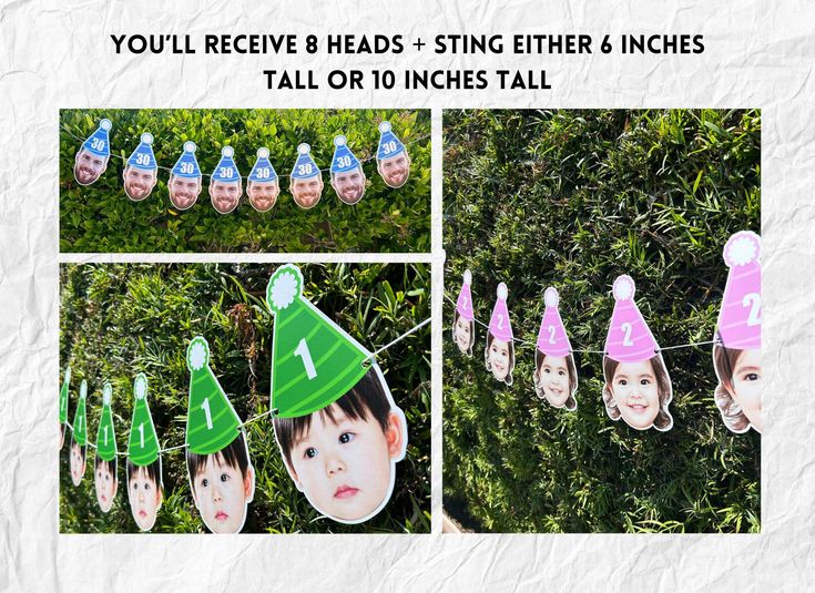 a collage of photos with birthday hats on them and the words you'll receive 8 heads - string either & inches tall or 10 inches tall