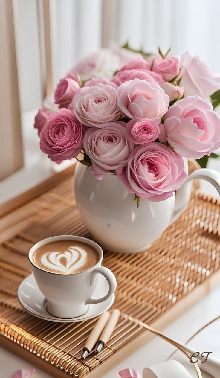 a cup of coffee with pink roses in it on a tray next to a plate and utensils