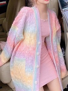 Thick Knit Cardigan, Rainbow Cardigan, Winter Plus Size, Rainbow Outfit, Rainbow Sweater, Gothic Clothes, Jacquard Sweater, Clothes Style, Knitted Coat