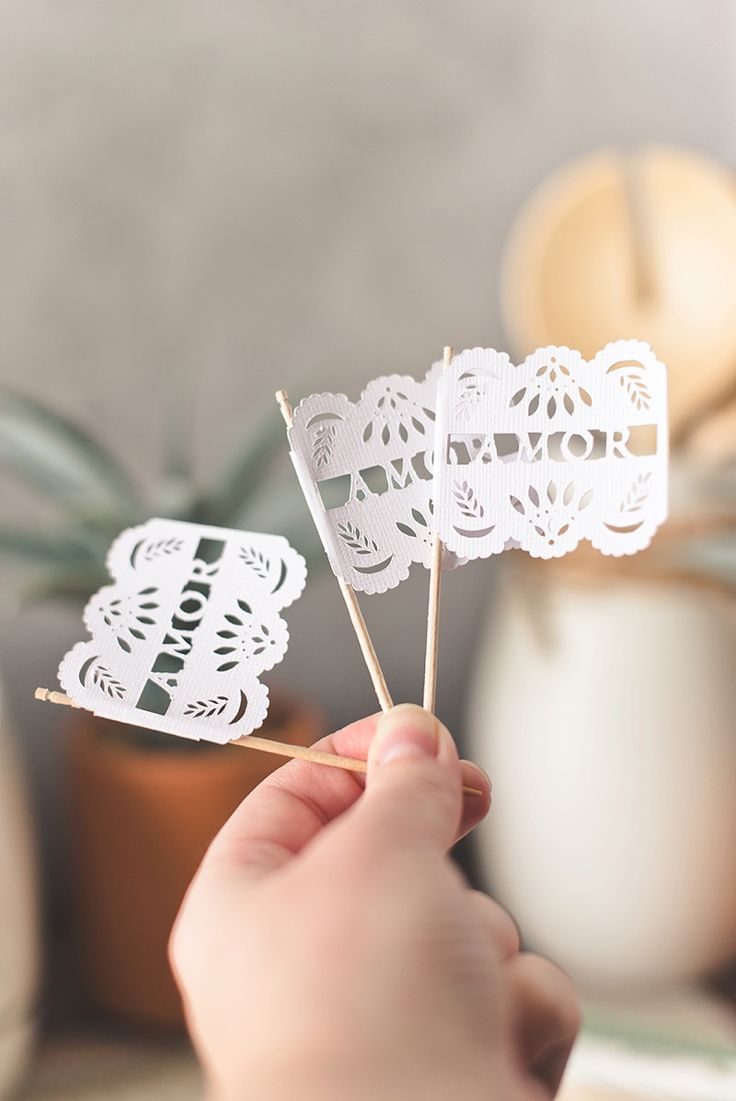 a person is holding some paper doily on a stick in front of a potted plant