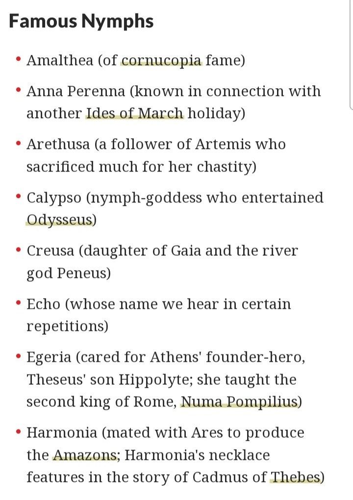 an image of the names of famous people in ancient greek mythology and literature, with text that reads famous nymphs