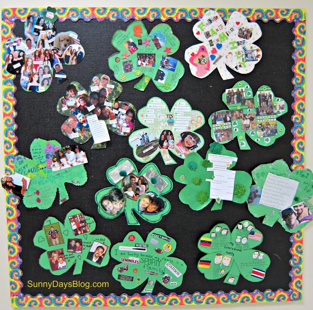 a bulletin board with shamrocks and pictures on it