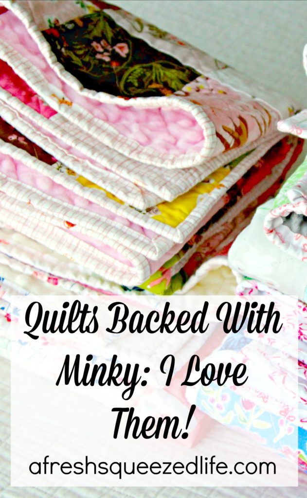 quilts stacked with minky i love them text reads, quilts backed with minky i love them