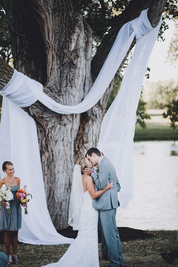 a bride and groom kissing in front of a tree with white drapes on it